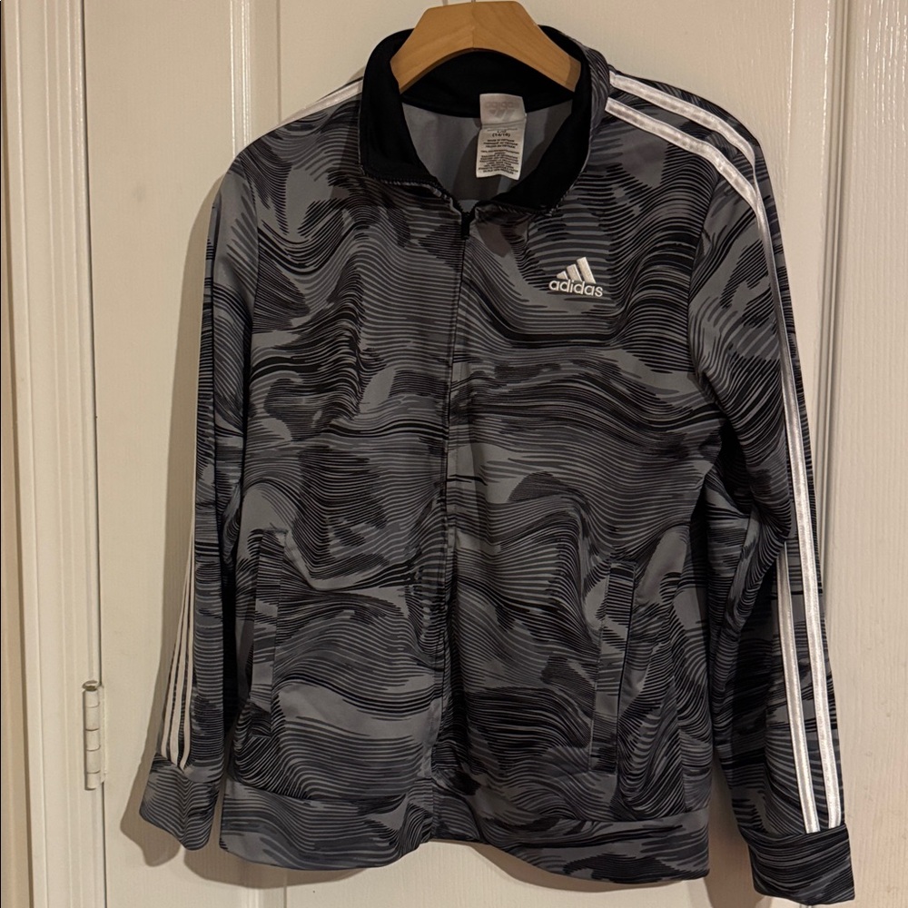 Adidas Jacket Youth Large 14/16 Gray Black Camo Tricot Training Track Pockets